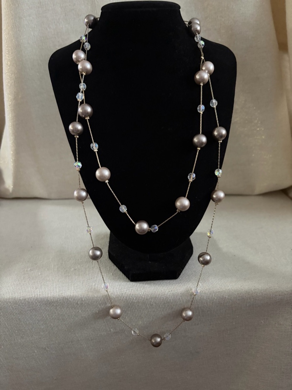 Lia Sophia Elegant Grey Pearl & Crystal Long Necklace